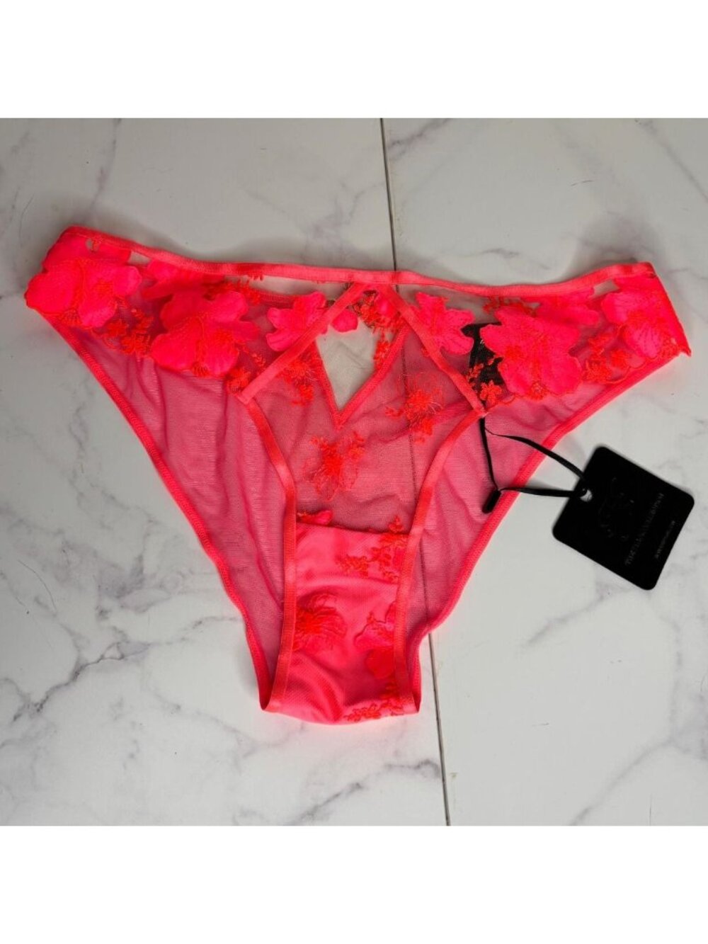 Honey Birdette Rue Brief Sour Pink Floral Appliqué Sheer Mesh Medium NWT